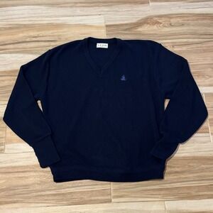 Vintage Izod V-Neck Sweater Mens XL Navy Blue Pullover Made in USA Crest Logo
